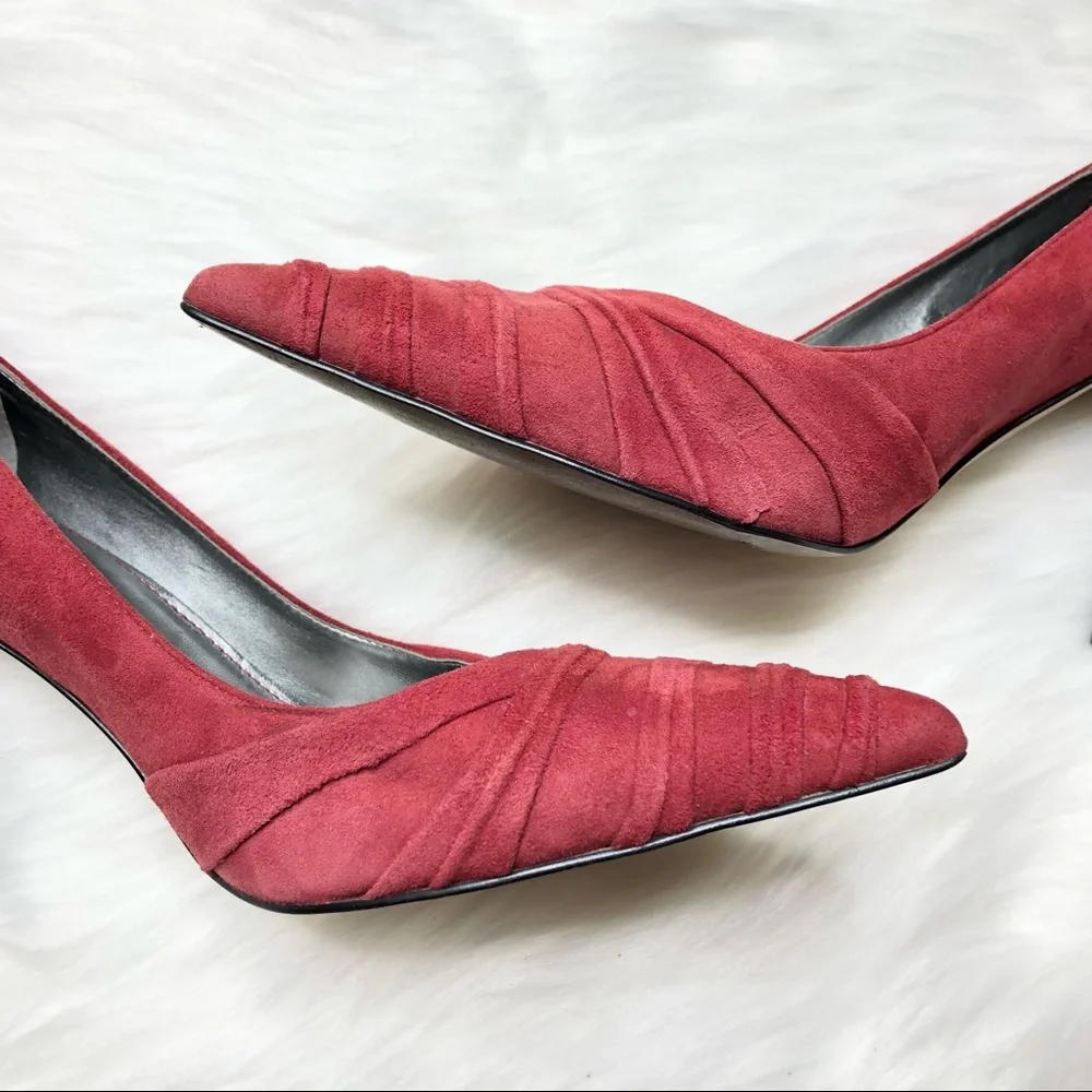 MARC FISHER Suede Leather Pumps Pleated Heels Stiletto Red Slip On Size 8M